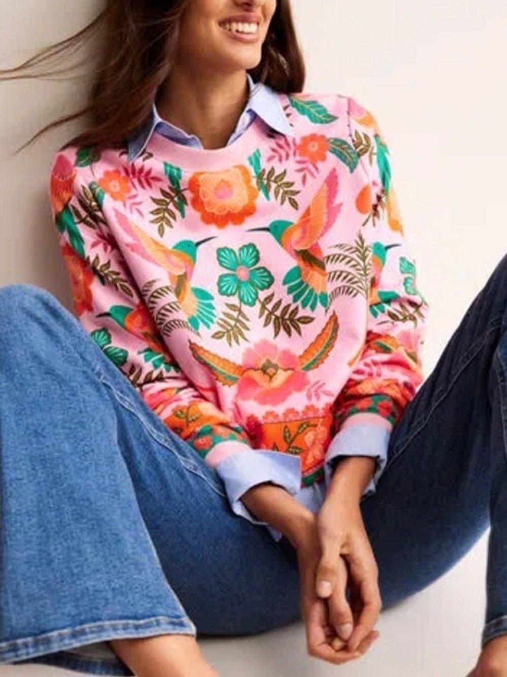 Boden Pink Floral & Bird Crewneck Sweatshirt with Teal and Coral Accents